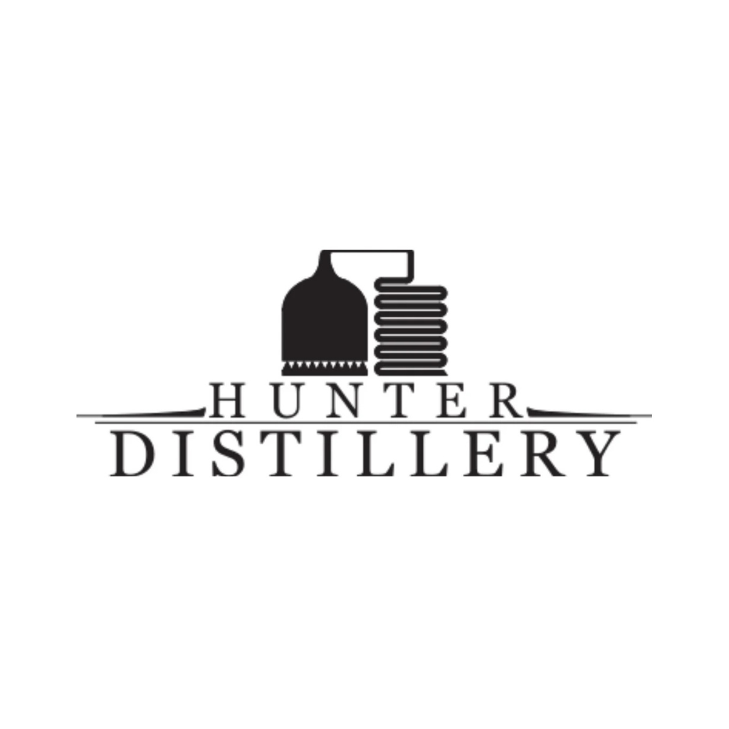 Hunter Distillery logo with a still, in black and white. Text reads 