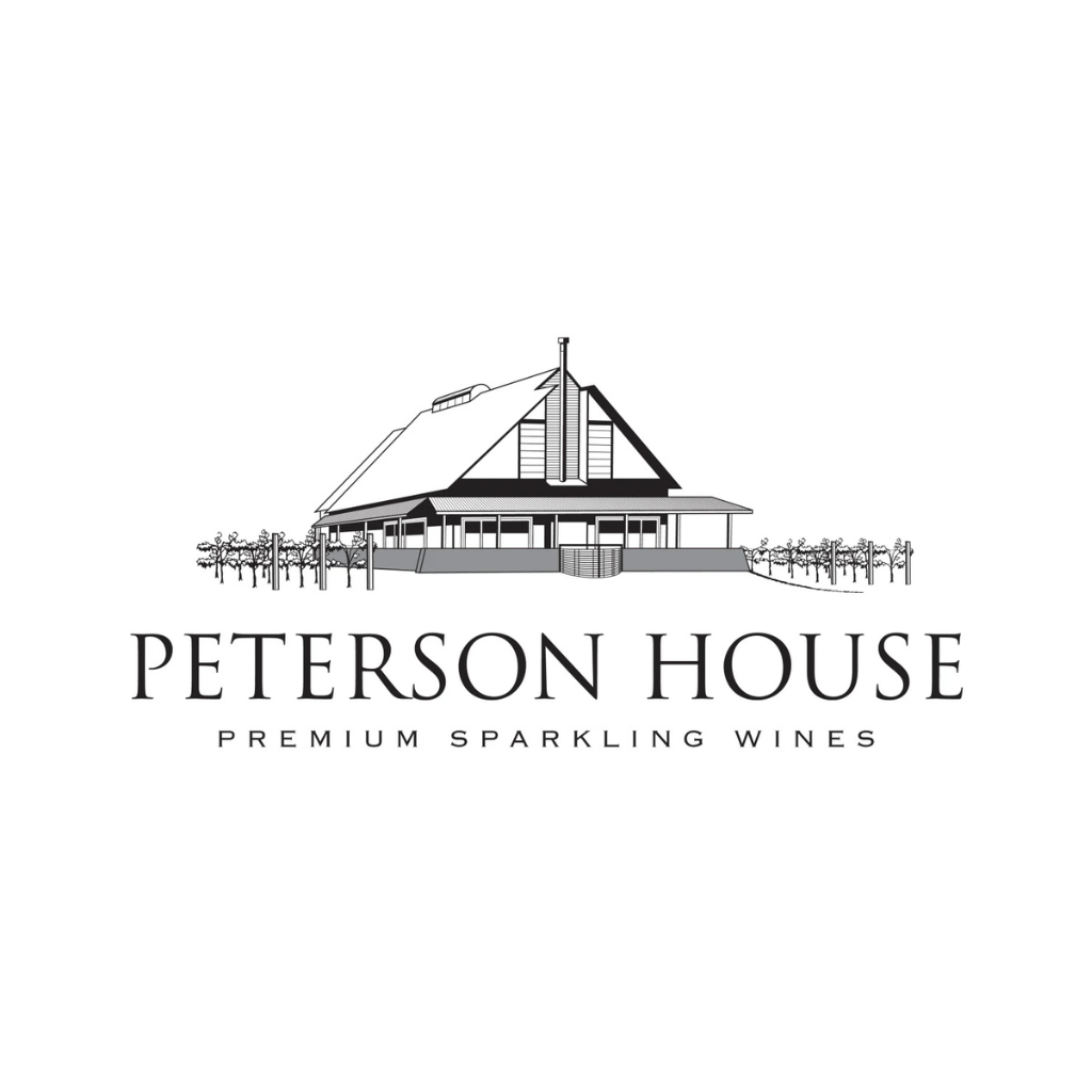 Black and white logo: Peterson House winery with a building and text 