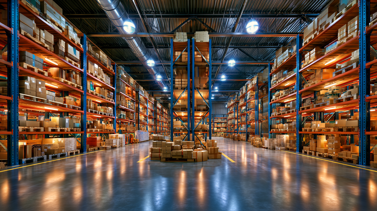 Large warehouse aisle with tall orange shelves, stacked boxes, and bright overhead lights reflecting on polished floor