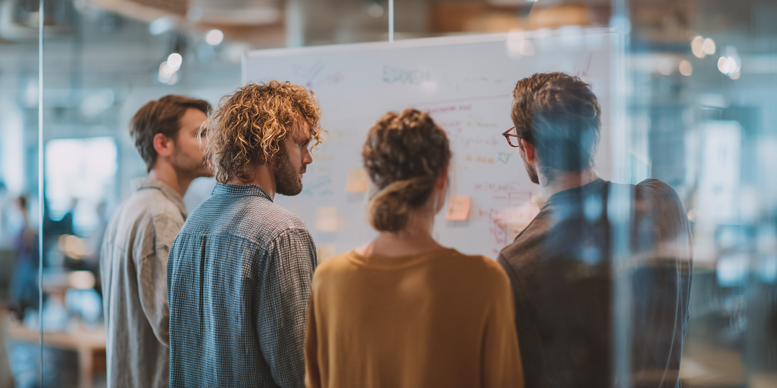 Four people stand in an office, facing a whiteboard with sticky notes, engaged in a collaborative discussion.
