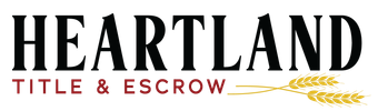 A logo for heartland title and escrow with an arrow and wheat.