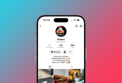Instagram profile page on a smartphone, centered on a pink-to-blue gradient background.