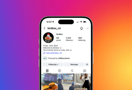 Instagram profile page on a phone against a pink-orange gradient background