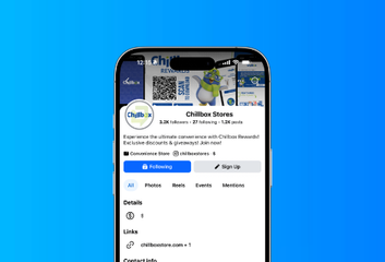 Facebook profile page for “Chibusom Stores” on a phone screen, with blue header and profile tabs visible
