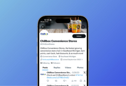 Smartphone showing a Yelp page for Chilibox Convenience Stores on a blue background