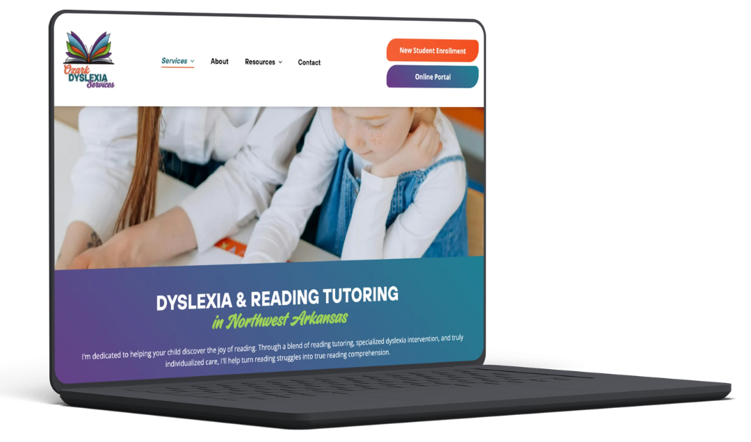 Website for dyslexia reading tutoring shown on a laptop, with a blue and orange header.