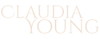 Claudia Young logo in pale gold serif text on a white background