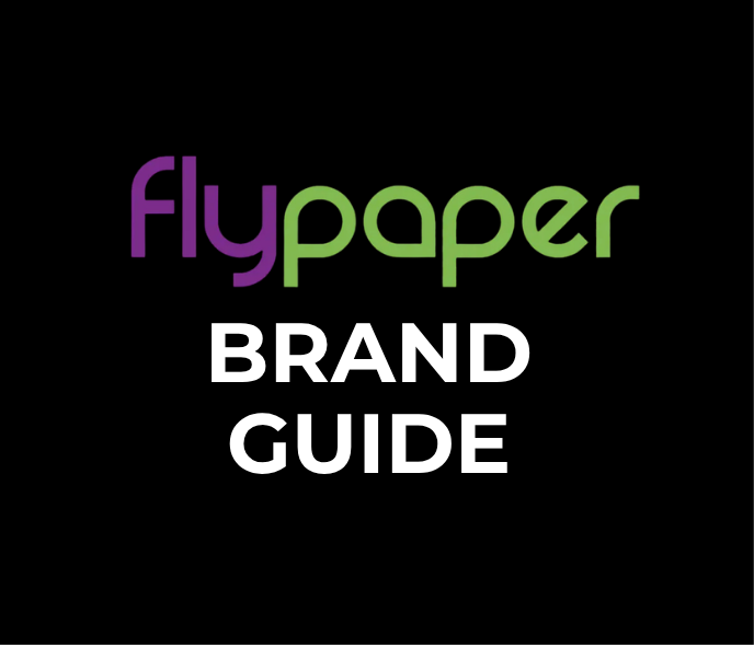 Flypaper brand guide title on a black background, with purple and green logo text and white “BRAND GUIDE” text
