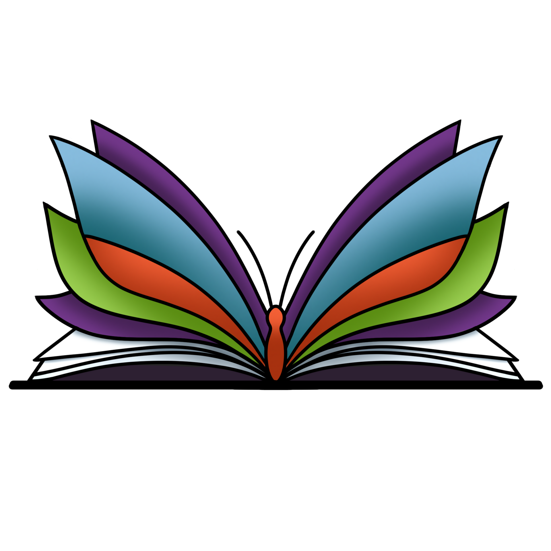 Open book with colorful pages fanning upward like wings on a white background