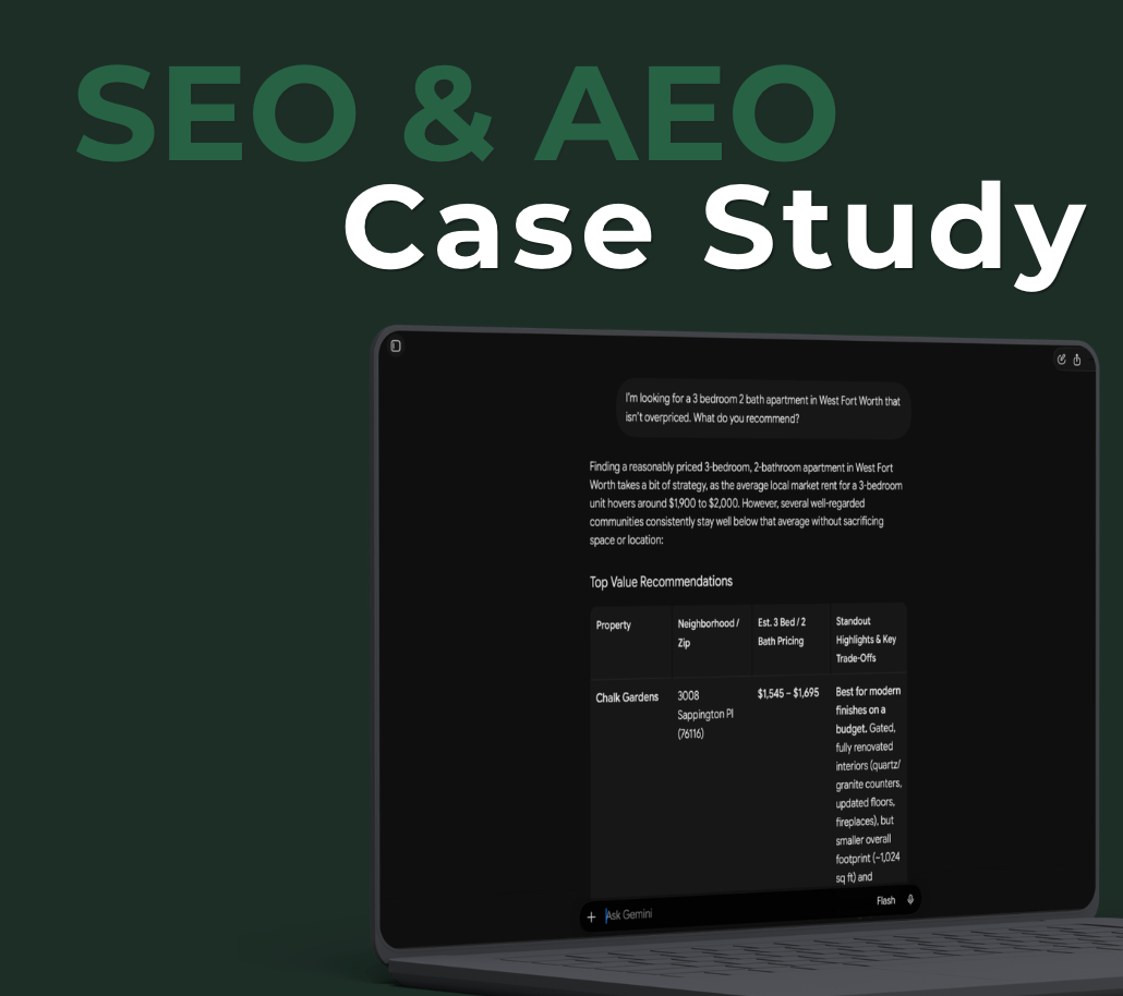 SEO & AEO case study title in green and white above a dark laptop screen