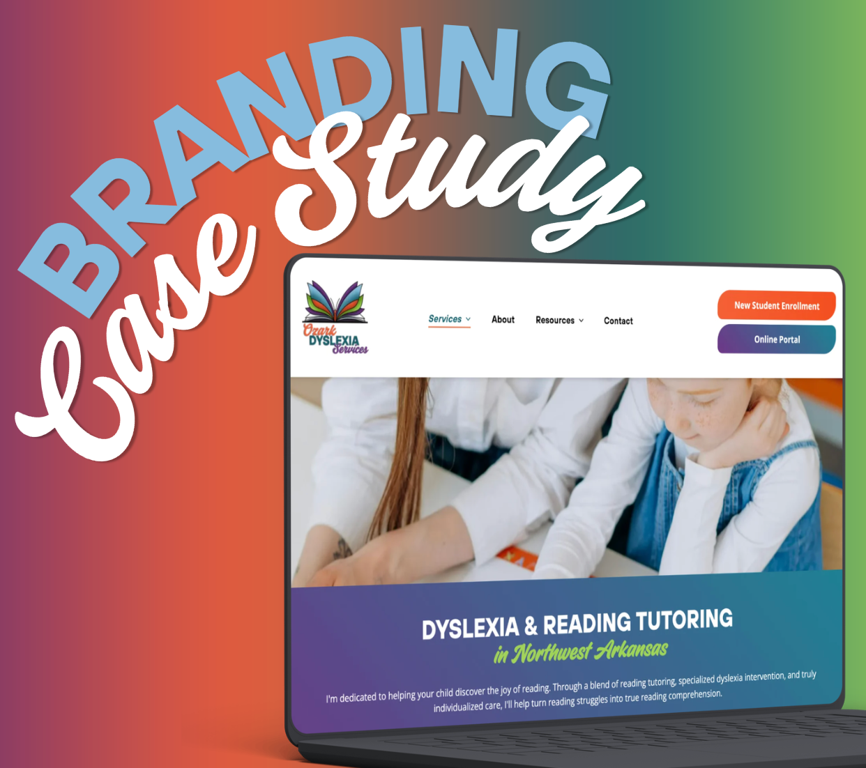 Branding case study graphic with a tutoring website mockup on a red-to-green gradient background