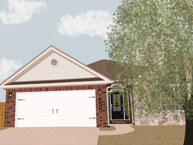 Suburban house with white garage door, brick accents, and a tree in the front yard