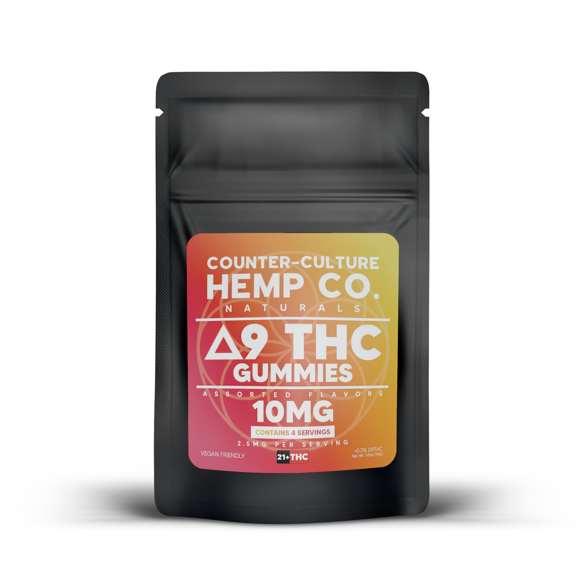 Black pouch of Counter-Culture Hemp Co. Δ9 THC gummies with a colorful label, 10mg per gummy.