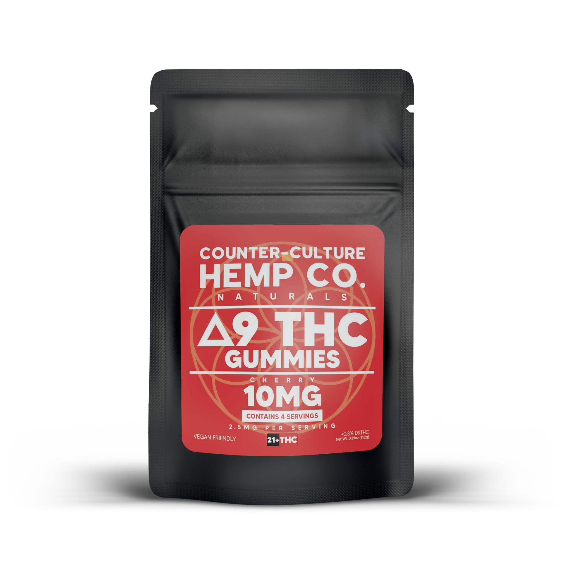 Black pouch of Counter-Culture Hemp Co. Delta-9 THC gummies; red label reads 