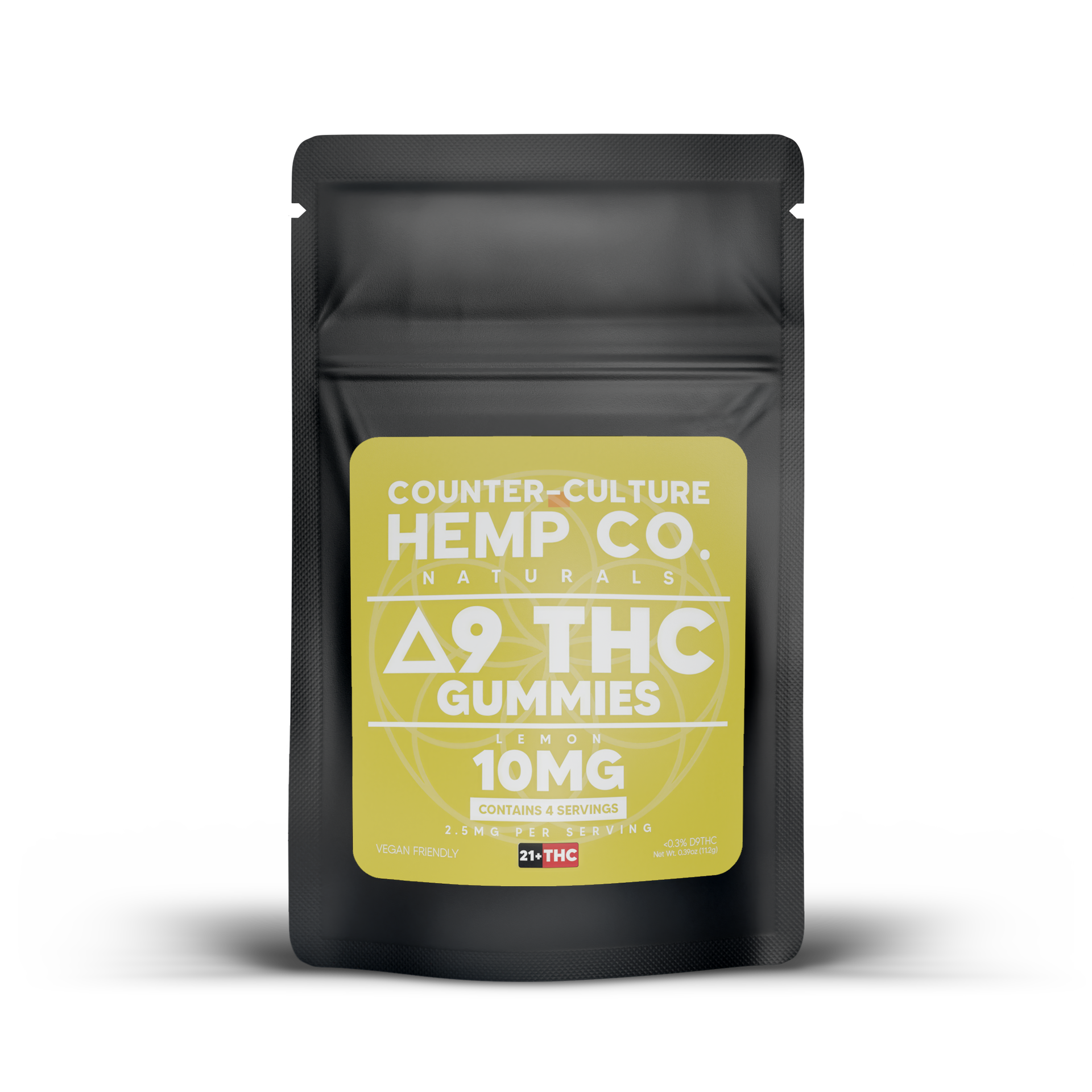 Black pouch of Counter-Culture Naturals Delta 9 THC Gummies with yellow label; 10mg.