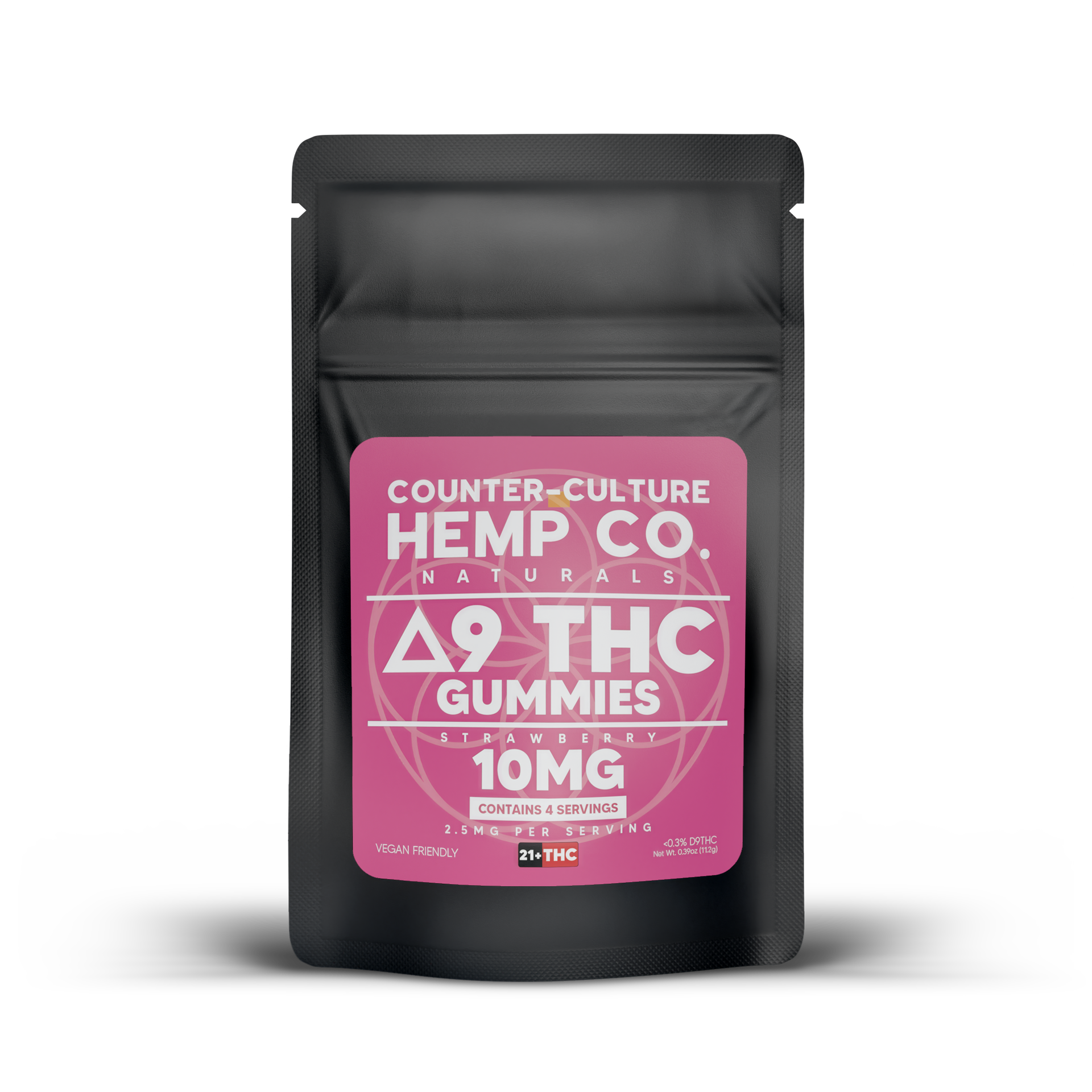 Black pouch of Counter-Culture Naturals Delta-9 THC gummies with a pink label, 10mg.