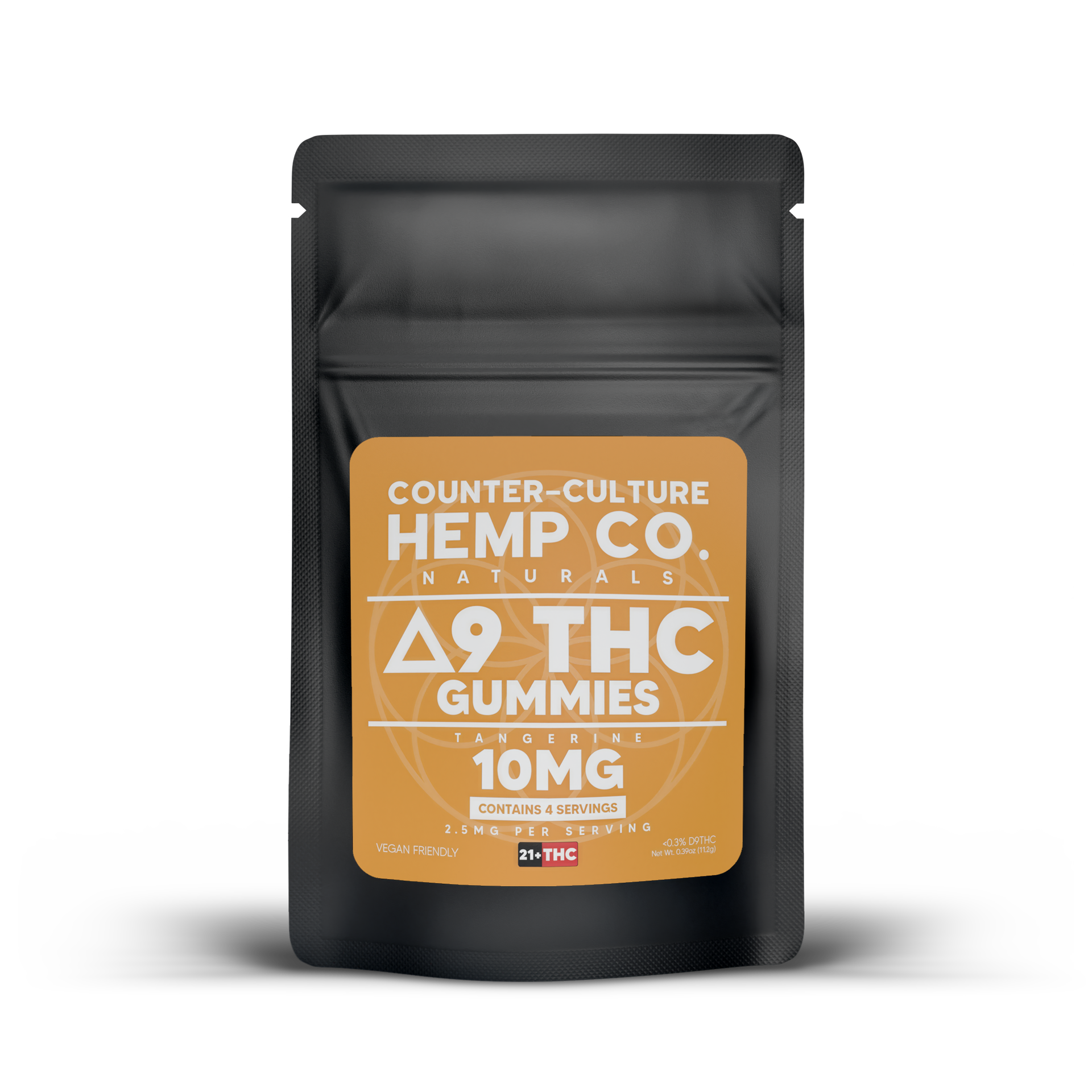 Black pouch with orange label for Counter-Culture Hemp Co. Δ9 THC gummies, 10mg.