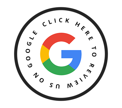 Circular Google logo button with “click here to review us” text around the edge