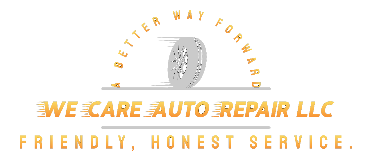 We Care Auto Repair LLC logo with tire icon and slogan “Friendly, Honest Service” in gold and gray