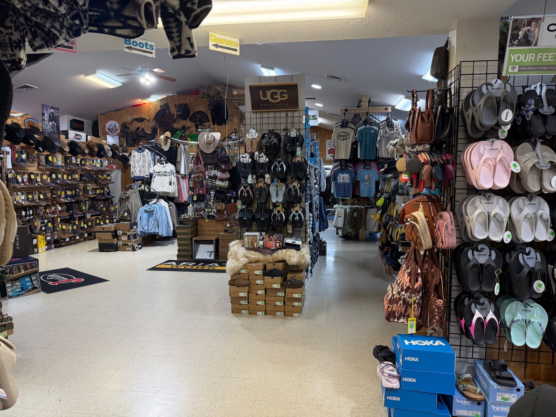 Pet supply store aisle with pet toys, harnesses, leashes, and other accessories on display