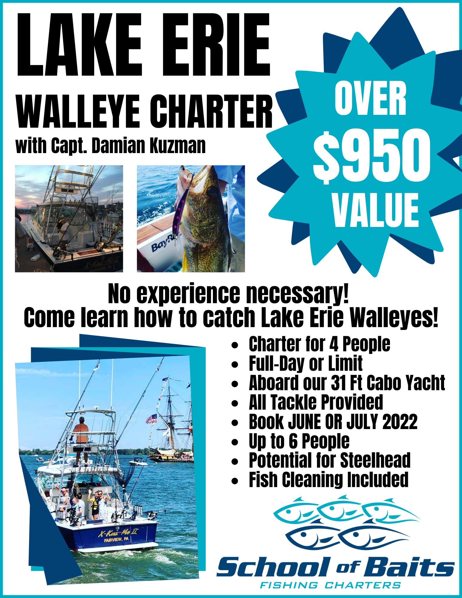 Lake Erie Walleye charter ad. Includes boat, fish, and text: 