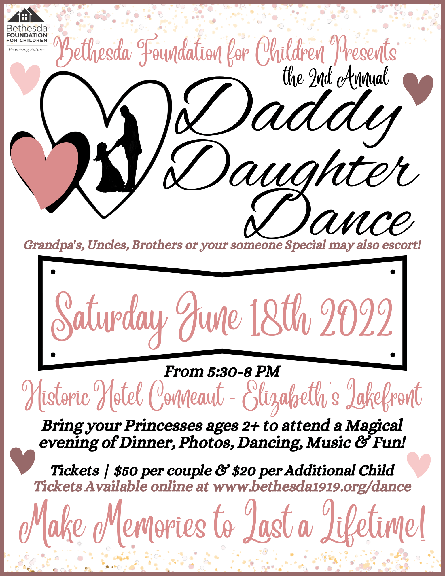 Poster for the 2nd annual Daddy Daughter Dance on June 18th, 2022, at Historic Hotel Courtyard.