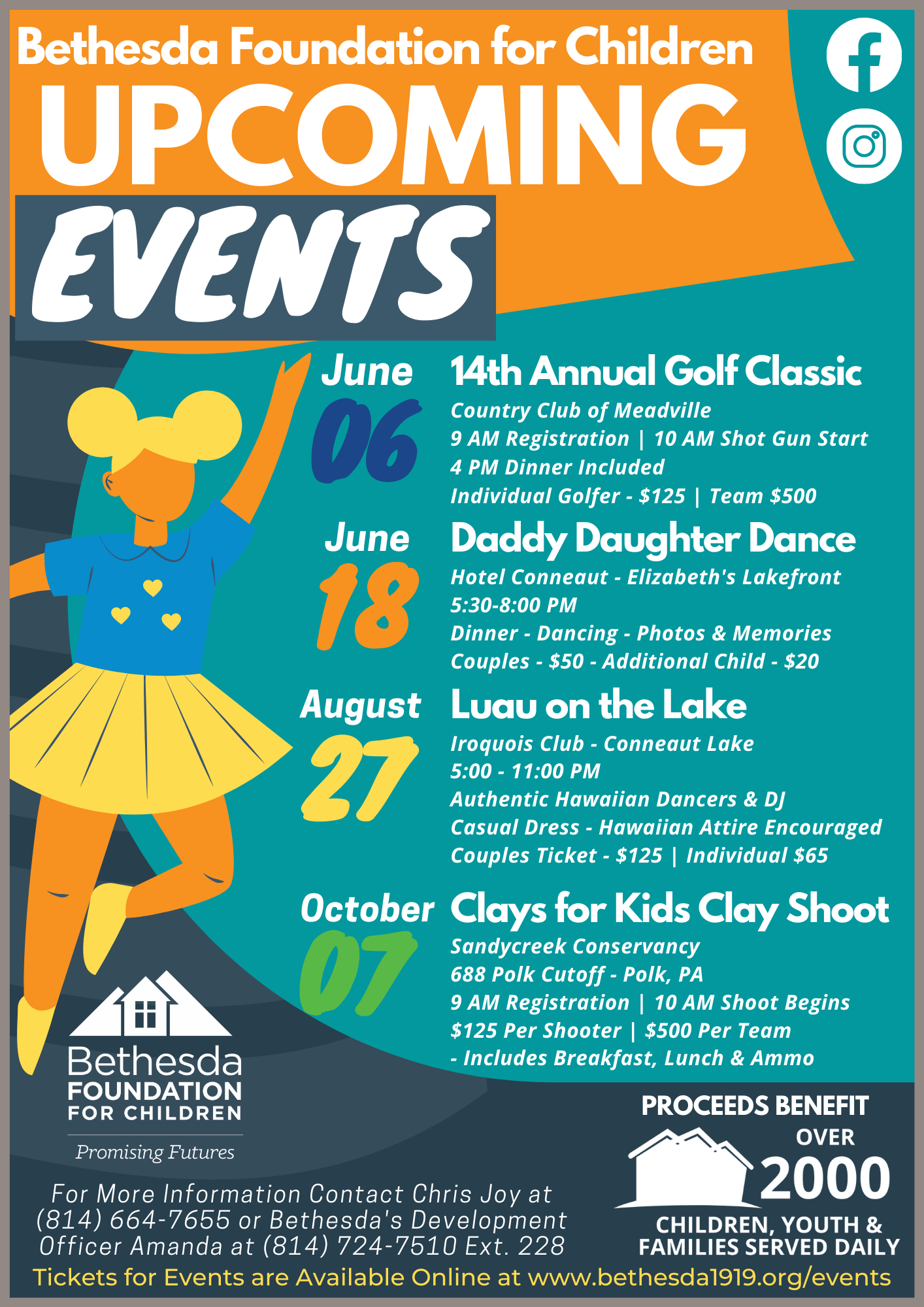 Poster for Bethesda Foundation for Children's upcoming events: Golf Classic, Daddy Daughter Dance, Luau, Clay Shoot.