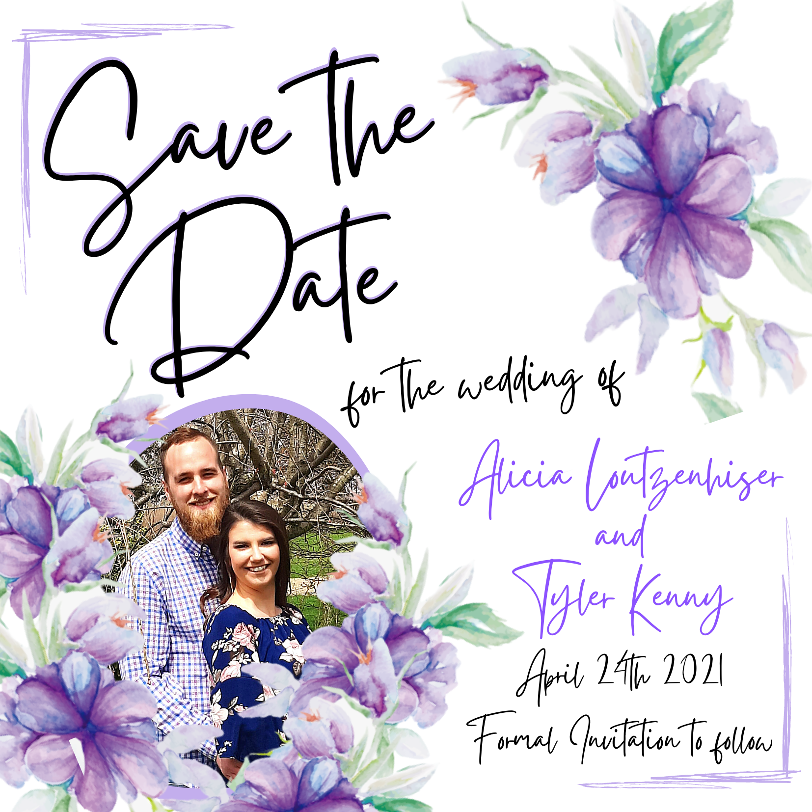 Wedding save-the-date with a couple's photo, purple floral accents, and April 24, 2021 date.