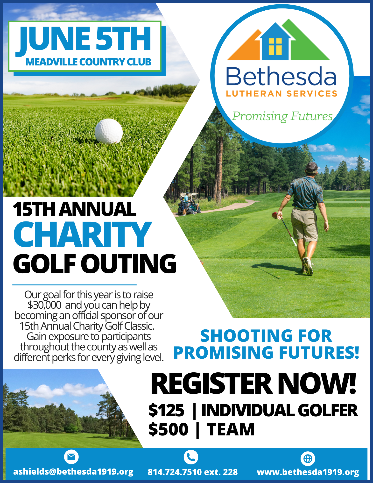 Golf outing flyer, Bethesda Lutheran Services, June 5th, Meadville Country Club. Golfing, charity event, register now.