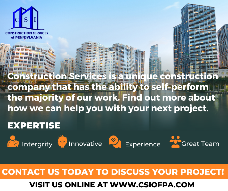 Construction company ad with cityscape background, highlighting self-performance capabilities and expertise (integrity, innovation, experience, and a great team).