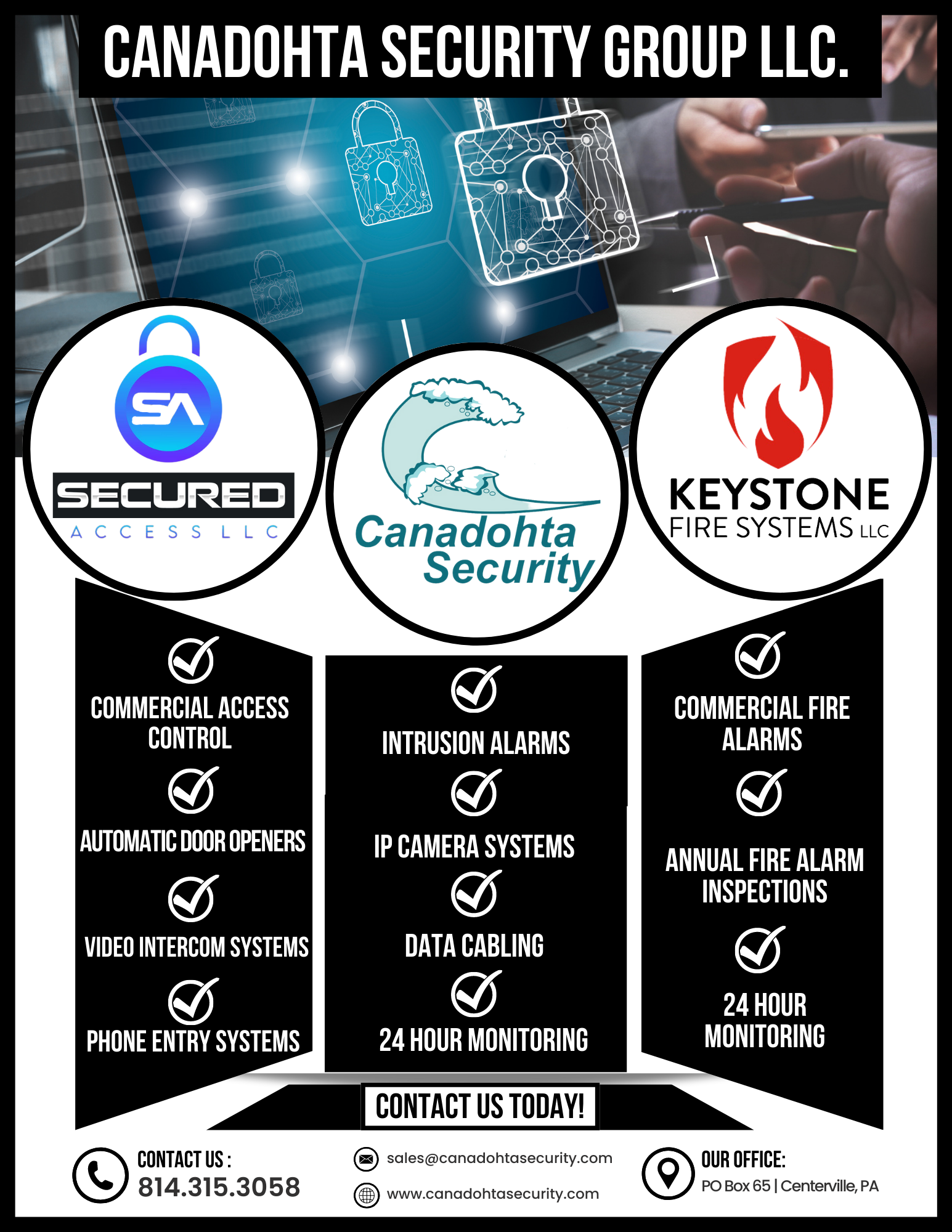 Advertisement for Canadohta Security Group LLC; security services include access control, alarms, and fire systems.