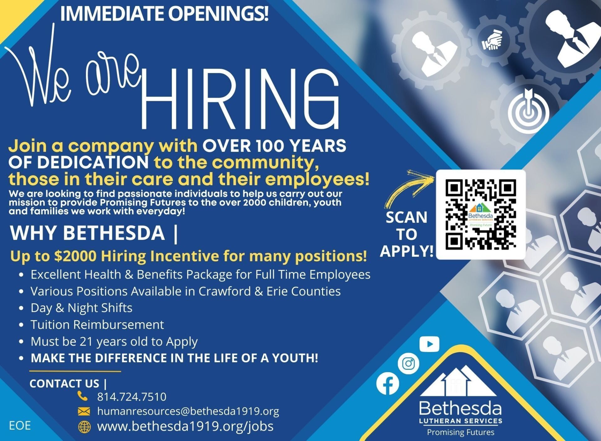 Job advertisement: Bethesda is hiring. Incentives, benefits, day/night shifts, and tuition reimbursement. Apply today!