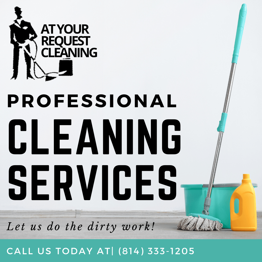 Cleaning services advertisement. A person illustration with a vacuum. Mop, bucket, and cleaning solution with text, (814) 333-1205.