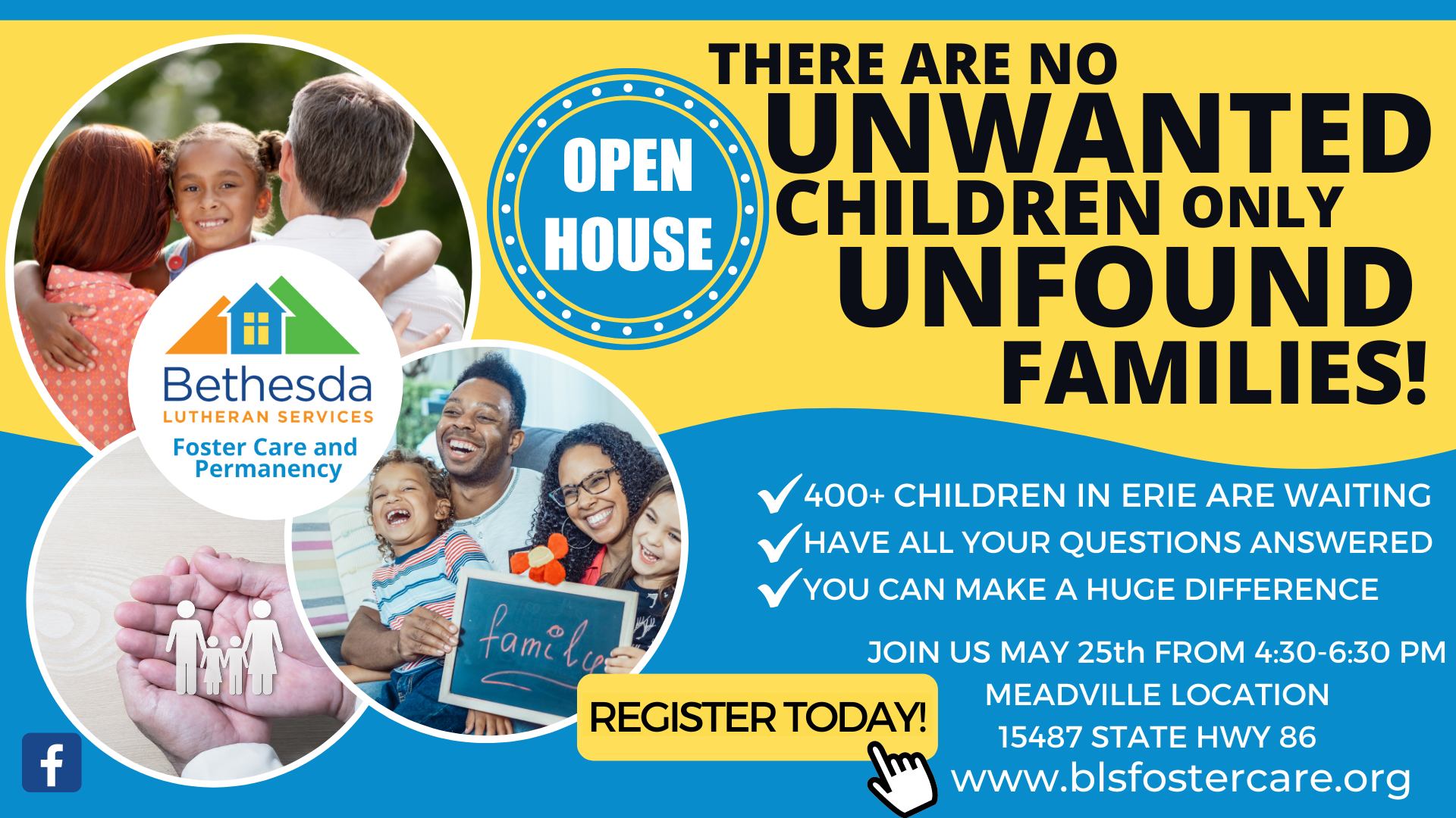 Flyer for foster care open house: families with children, blue/yellow colors.