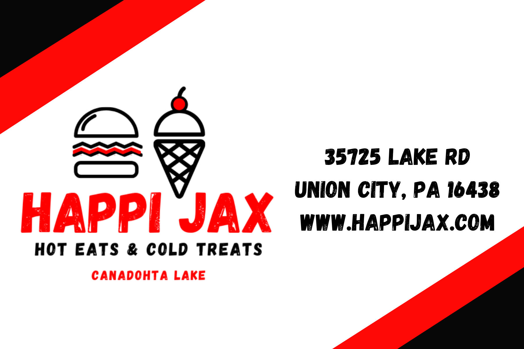 Business card for Happi Jax with logo, address in Union City, PA, and website.