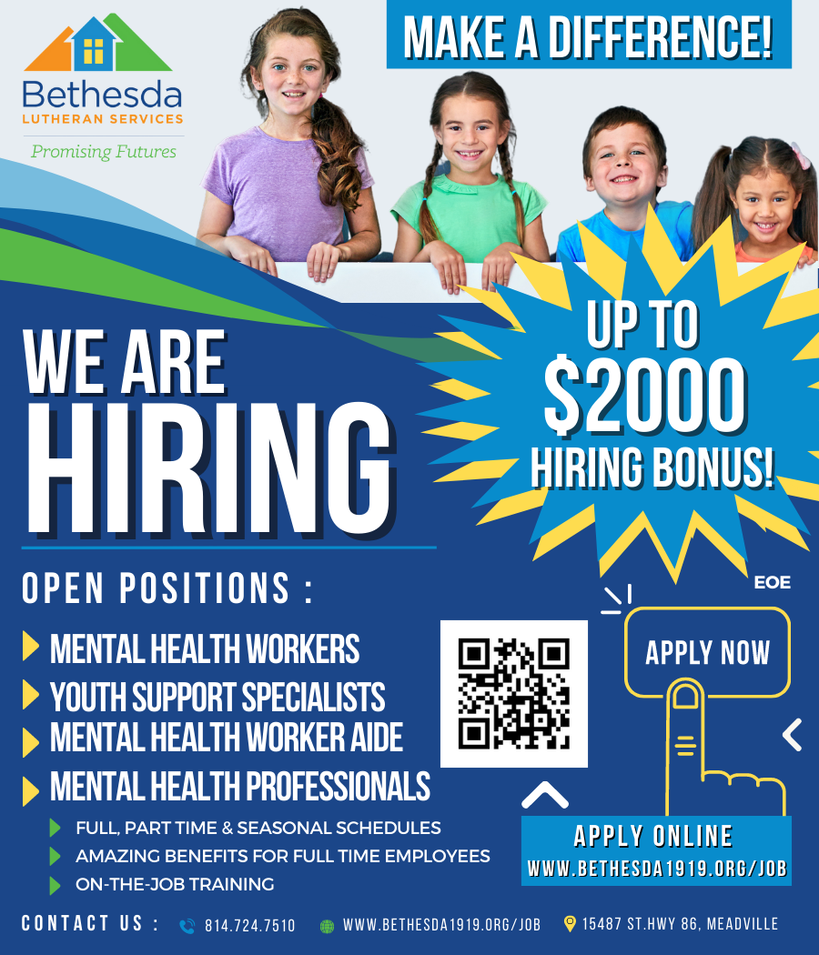 Hiring flyer: Bethesda Lutheran Services seeks mental health workers. Features children, bonus up to $2000.