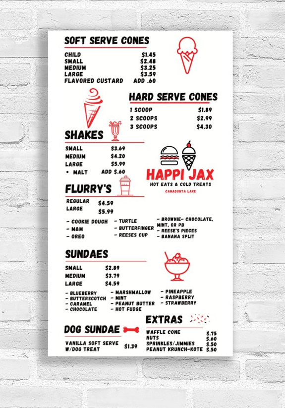 Menu board for Happi Jax ice cream shop, listing soft serve, hard serve, shakes, sundaes, and other treats.