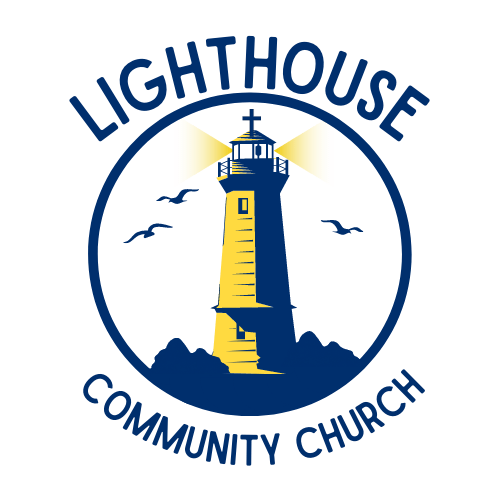 Lighthouse Community Church logo: Blue circle with a lighthouse, cross on top, beaming light; text 