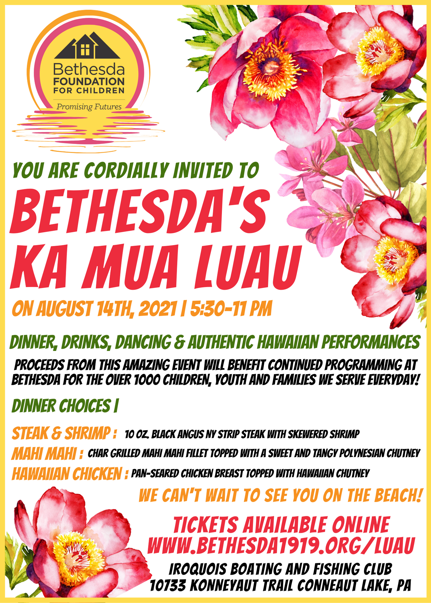 Event flyer for Bethesda Foundation's Ka Mua Luau on August 14th with dinner, dancing, and Hawaiian performances.