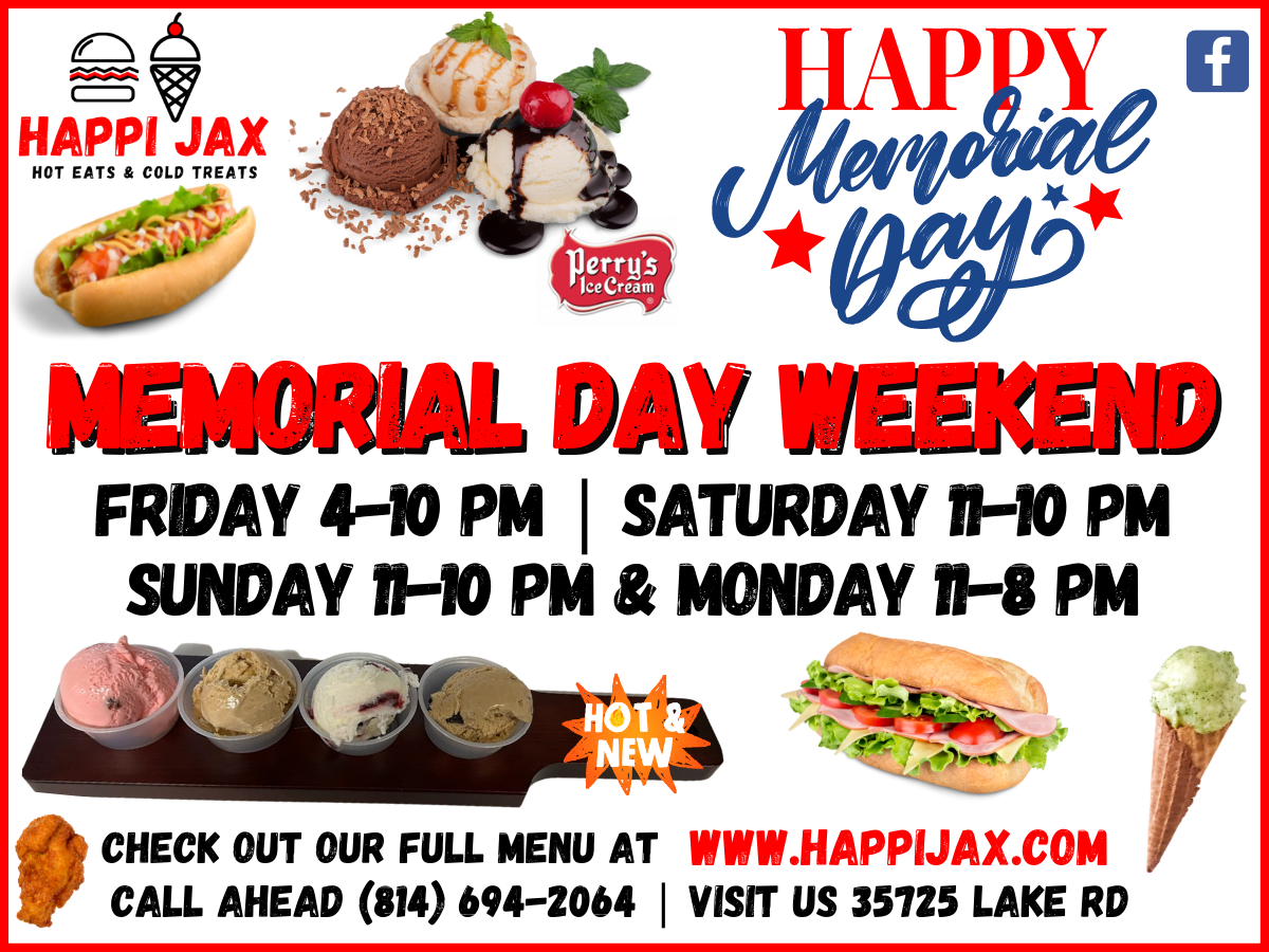 Happi Jax Memorial Day Weekend promotion: Hot dogs, ice cream, hours, website, and phone number.