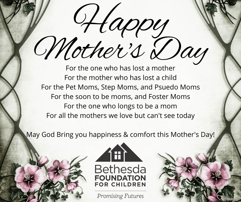 Mother's Day card with floral border, message for various mothers, Bethesda Foundation logo.