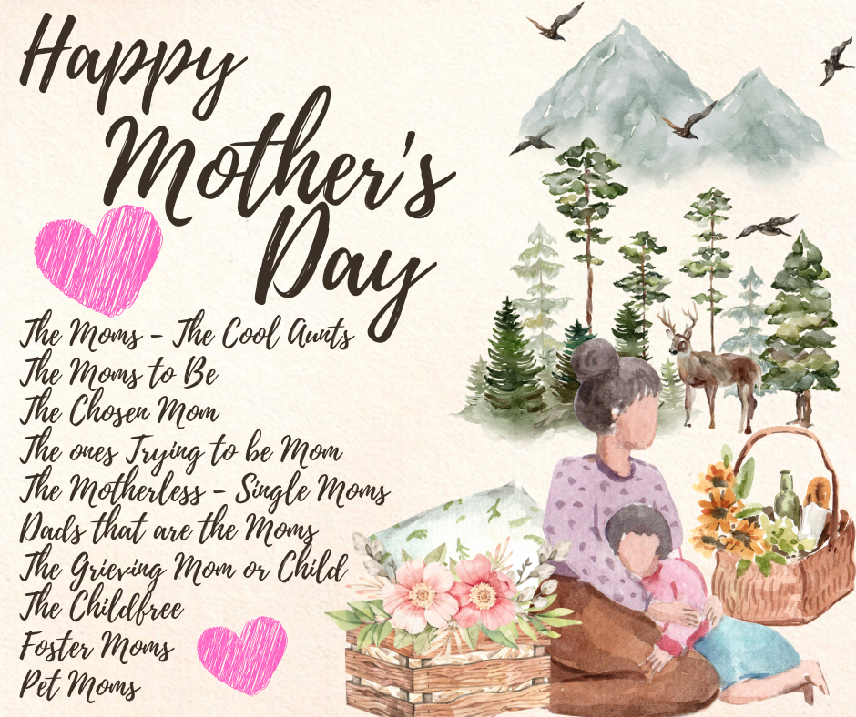 Mother's Day card with watercolor art of a woman holding a child, text, hearts, and a mountain scene.