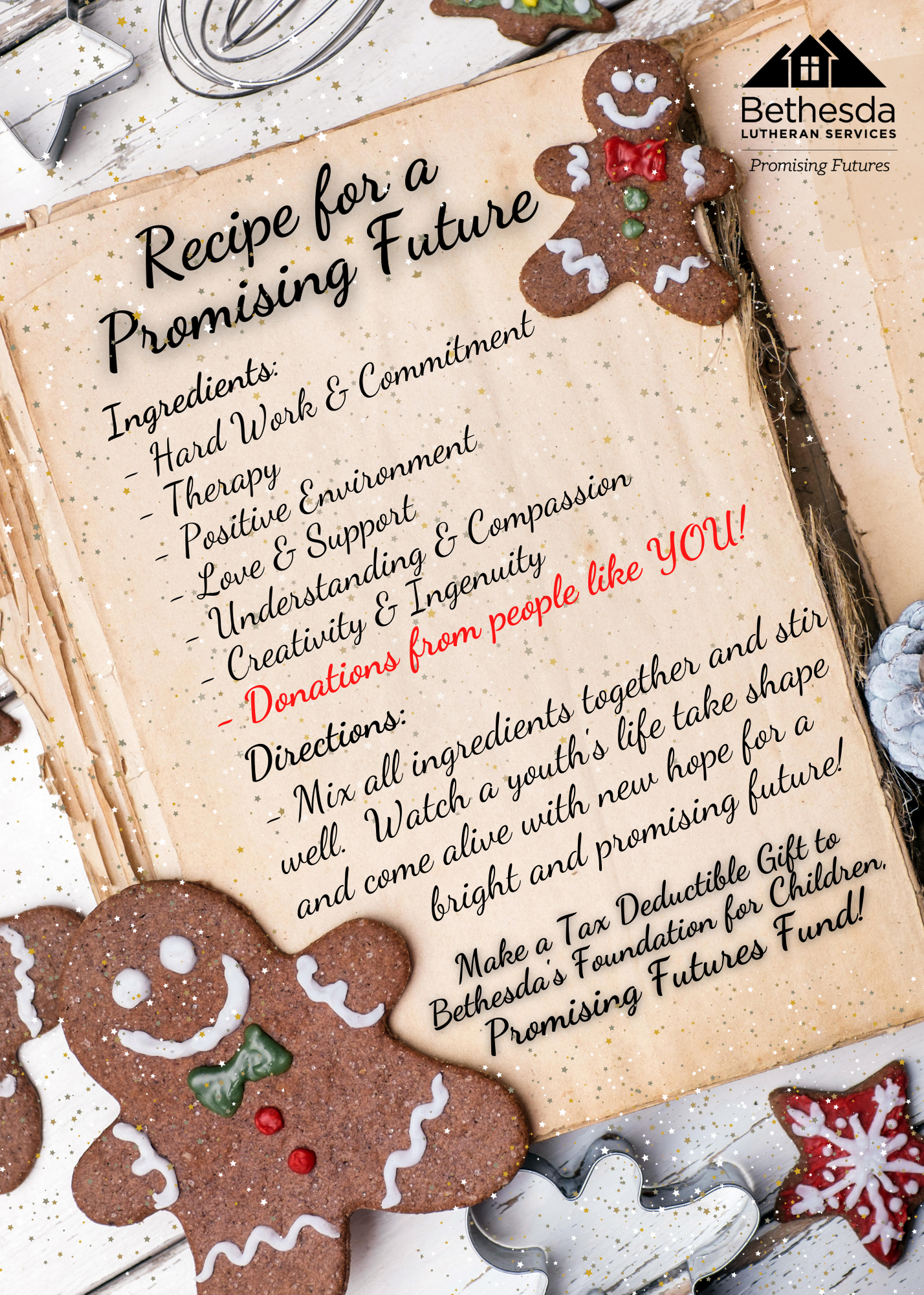Recipe with ingredients for a promising future, gingerbread cookies, and a Bethesda foundation logo.