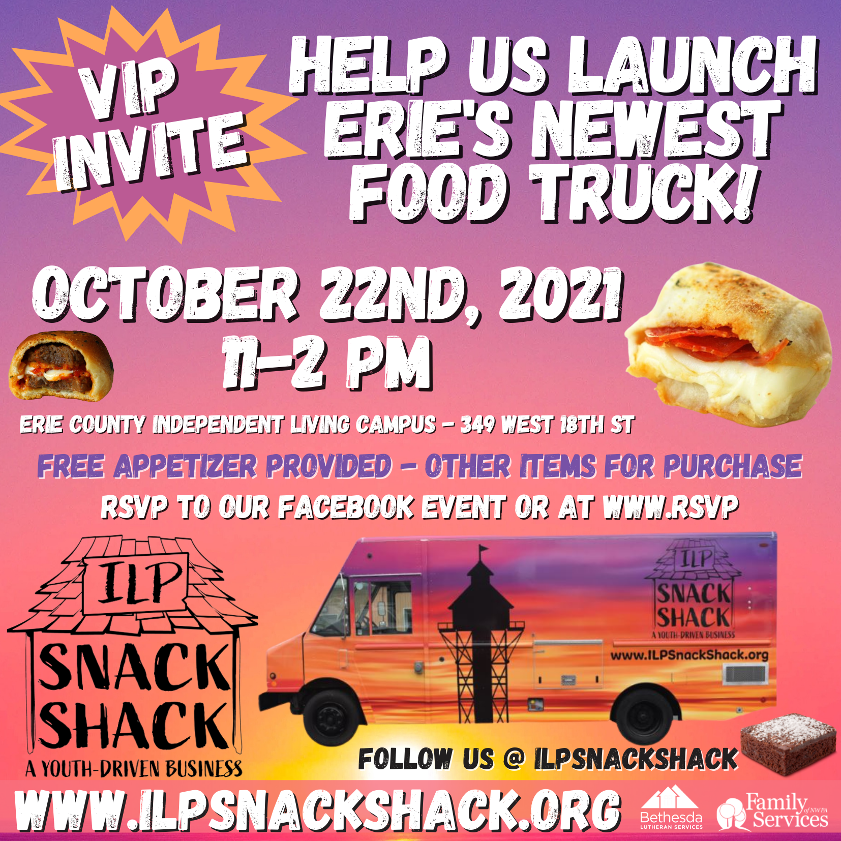 Flyer: VIP launch event for ILP Snack Shack food truck, October 22, 2021, at Erie County Independent Living Campus.