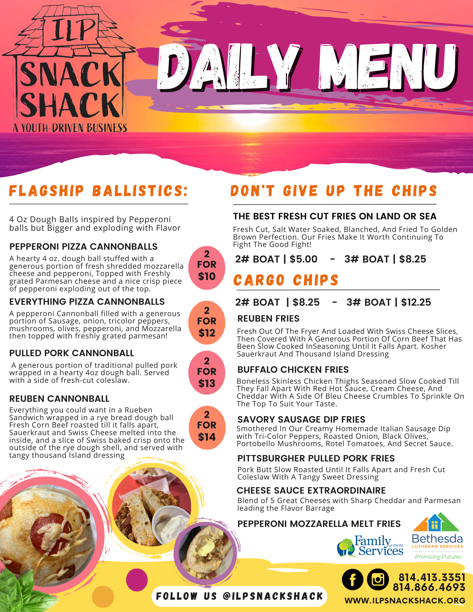 Snack Shack daily menu with food items listed.
---