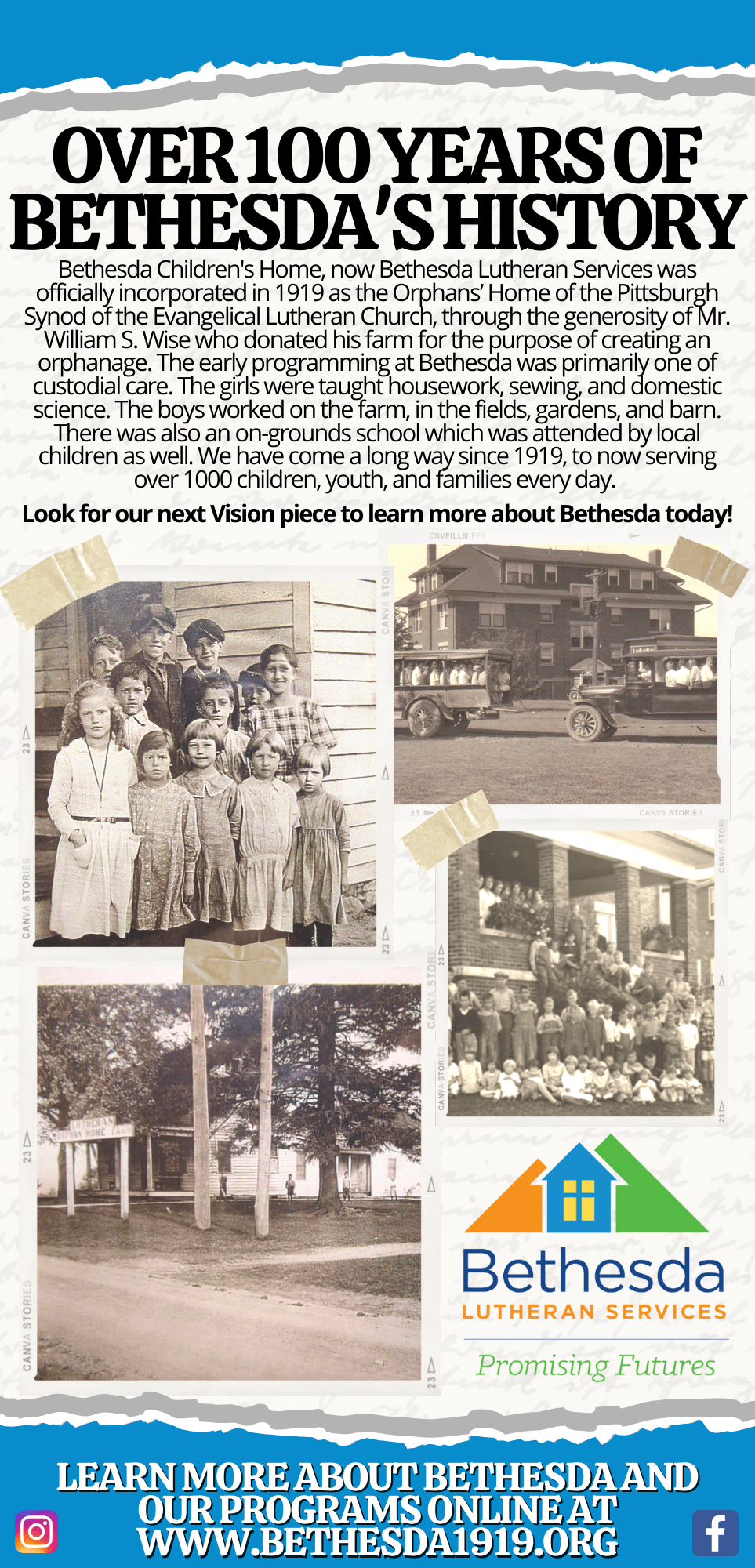 Ad for Bethesda Lutheran Services with historical photos and text.