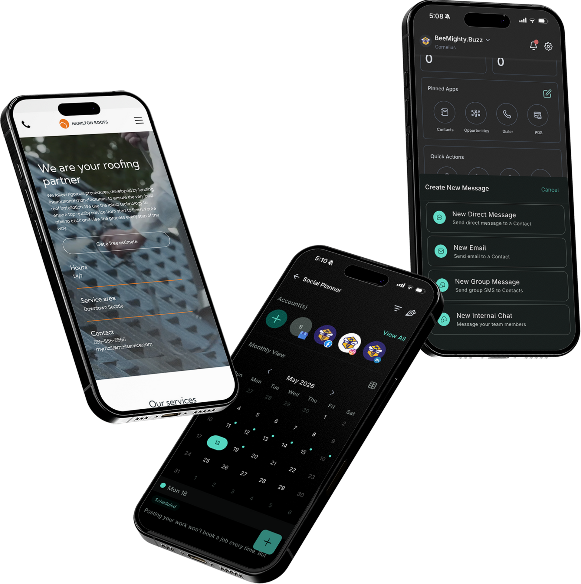 Three tilted smartphone mockups with dark app screens on a white background
