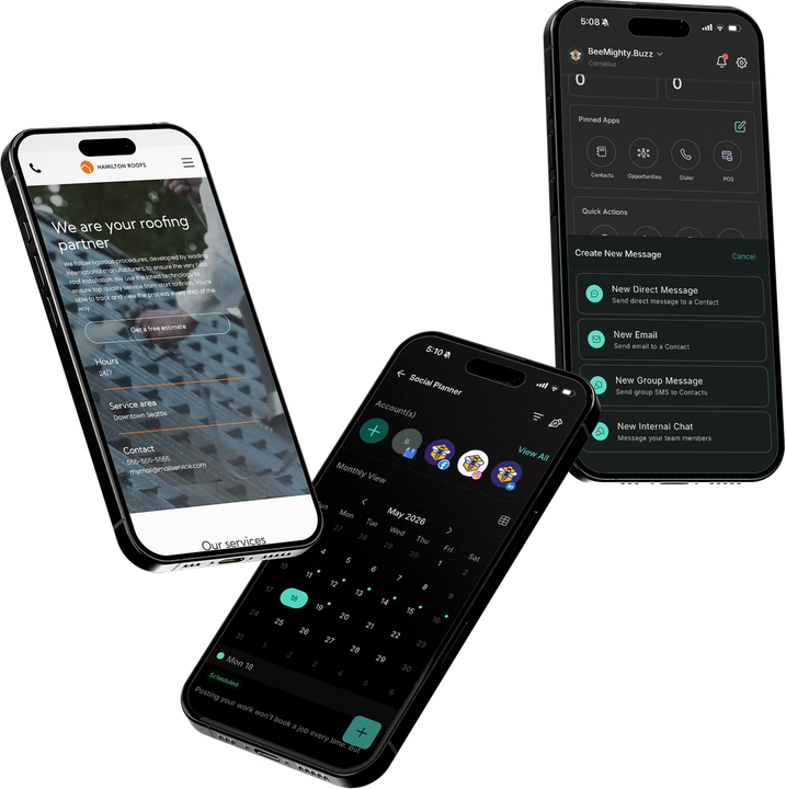 Three tilted smartphone mockups with dark app screens on a white background