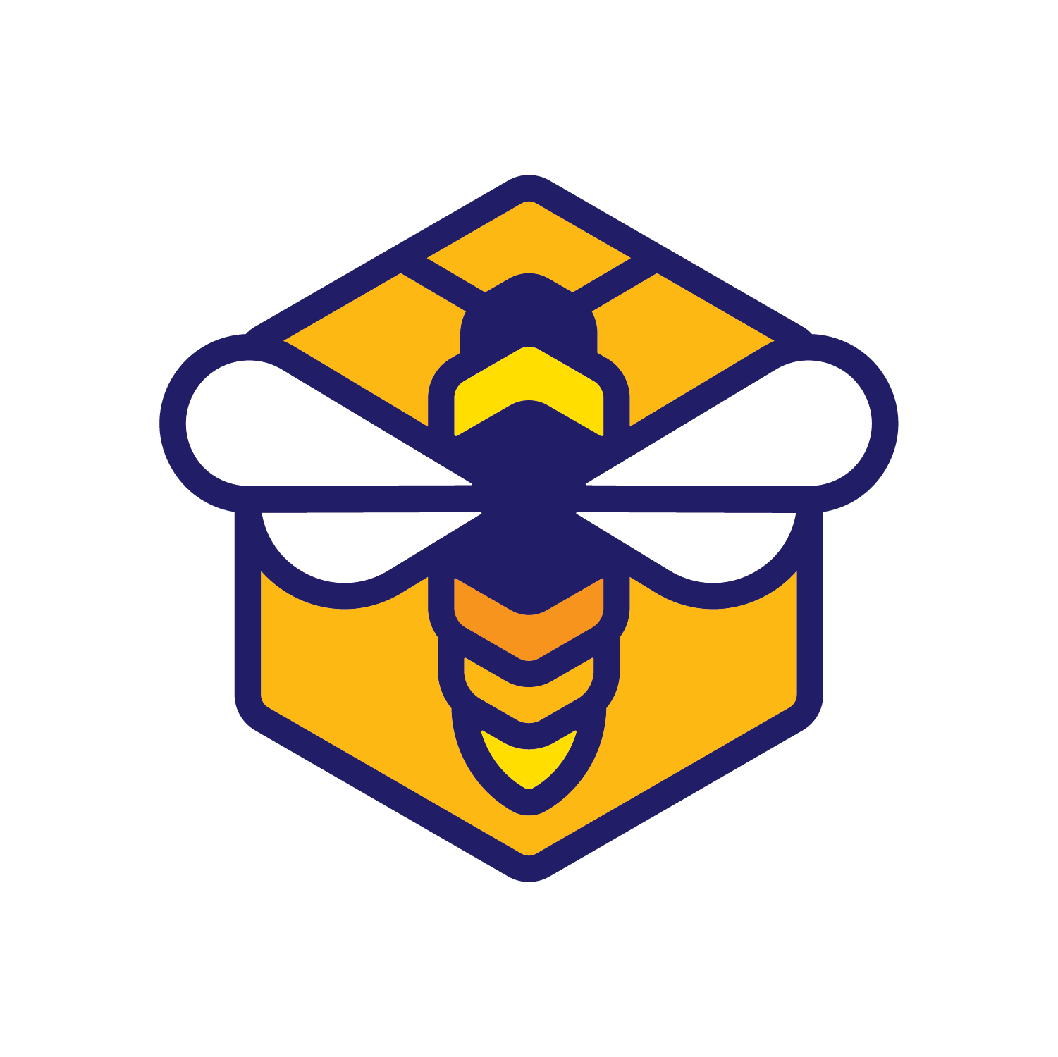 Yellow-and-blue stylized bee logo with hexagonal body and white wings