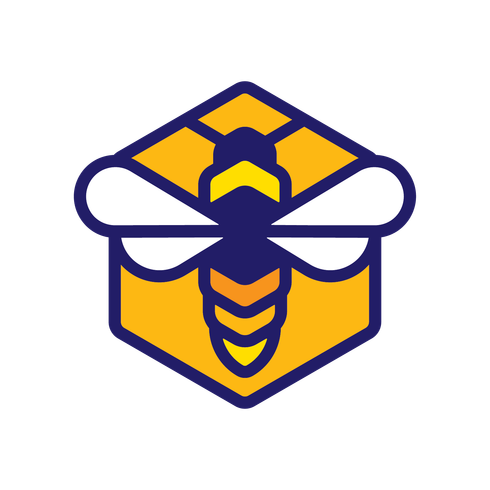 Yellow-and-blue stylized bee logo with hexagonal body and white wings